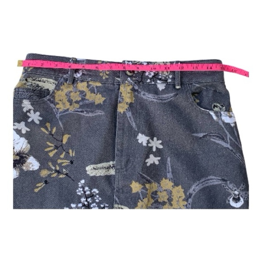 Cute Curation Gray Denim Skirt Midi Gold White Blk Floral‎ Elastic Waist Size M - Picture 2 of 6